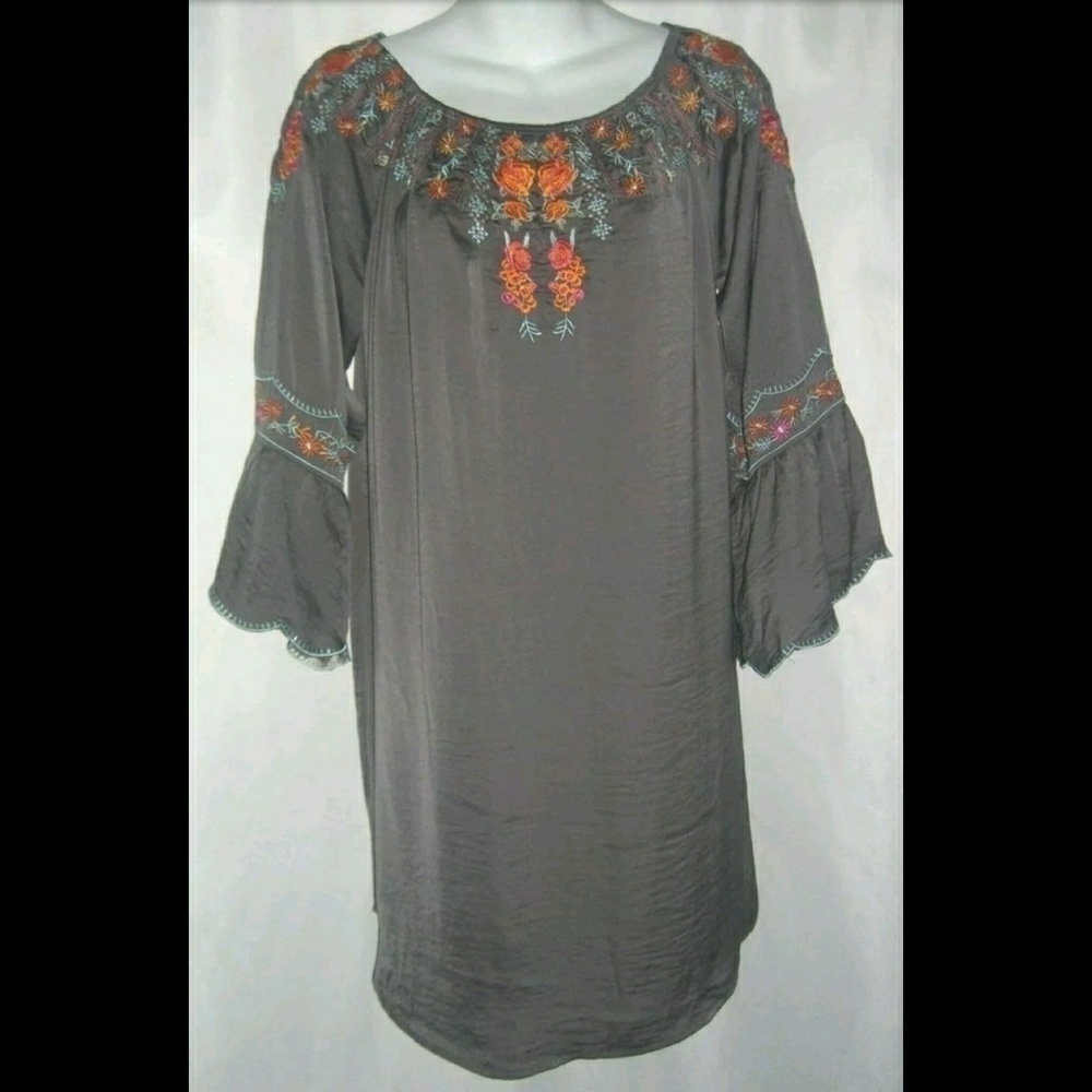 Fashion U Dress Olive Army Green Embroidered Tunic Bohemian Bell Sleeves Boho S